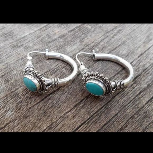 Tibetian silver and turquoise boho small hoop earrings new - Picture 7 of 9